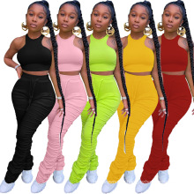 C8084 Wholesale 2020 new fashion 2 piece set women summer plus size sleeveless crop top stacked pants neon leggings set